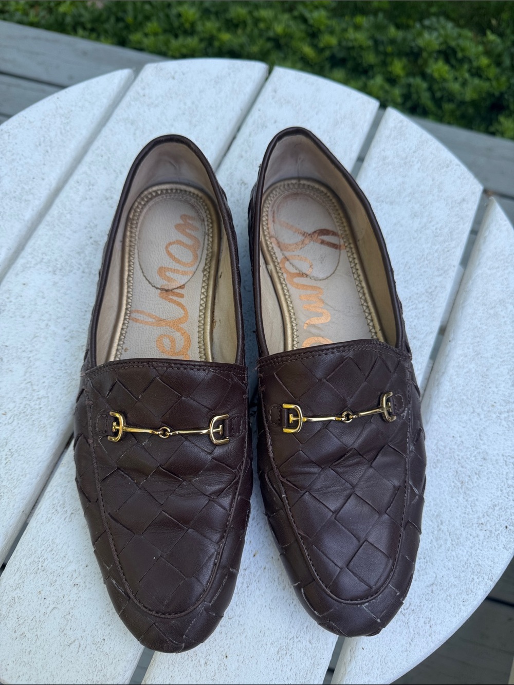 Sam Edelman Lorraine Brown Woven Leather Loafers with Gold Bit